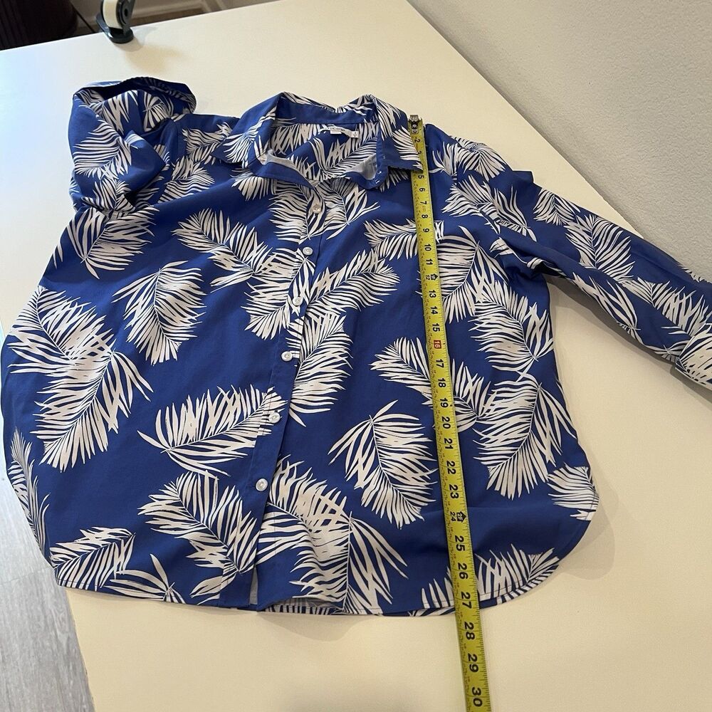 Chico’s Size 16 Button-Up Collared Blue/White Coastal Palm Shirt Cuffed Sleeve - Picture 7 of 7
